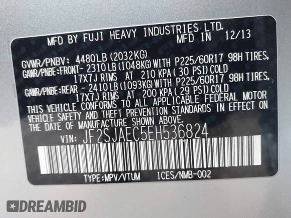 2014 Subaru Forester Premium with VIN JF2SJAEC5EH536824, listed as a IAAI auction lot 43509713 with 73,076 mi miles and . Bid and sale history available at DreamBid. Image 9.