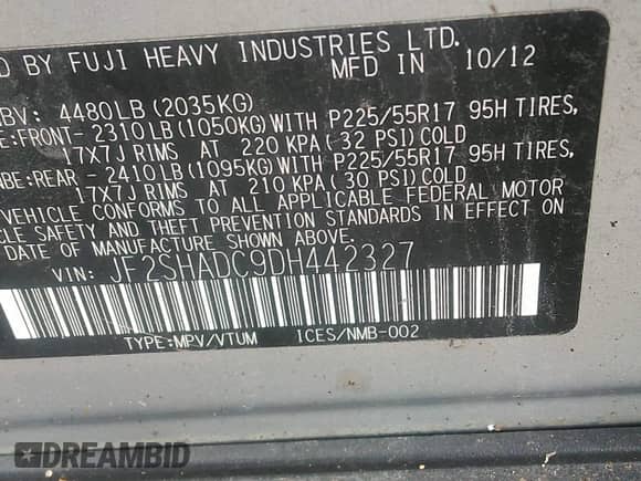 2013 Subaru Forester X Premium z VIN JF2SHADC9DH442327, wystawiony jako IAAI lot #43135021 z przebiegiem 176 618 mil mil oraz . Historia ofert i sprzedaży dostępna na DreamBid. Obrazek 9.