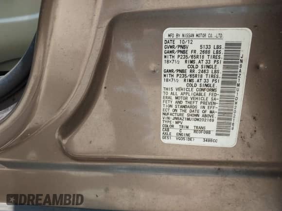 2013 Nissan Murano S с VIN JN8AZ1MU1DW202169, выставлен на аукционе IAAI как лот 42815328 с пробегом 125 249 миль миль и . История ставок и продаж доступна на DreamBid. Изображение 9.