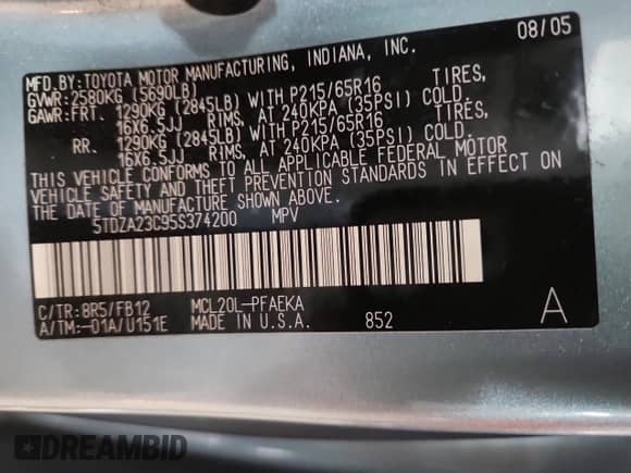 2005 Toyota Sienna CE с VIN 5TDZA23C95S374200, выставлен на аукционе Copart как лот 81954765 с пробегом 176 911 миль миль и На запчасти • Non repairable. История ставок и продаж доступна на DreamBid. Изображение 14.