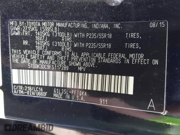 2015 Toyota Sienna Limited with VIN 5TDDK3DC9FS117289, listed as a IAAI auction lot 41861627 with 89,624 mi miles and . Bid and sale history available at DreamBid. Image 9.