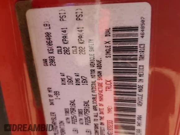 1999 Dodge 1500 z VIN 3B7HC13ZXXG169233, wystawiony jako Copart lot #69402424 z przebiegiem 127 308 mil mil oraz Szkoda całkowita • Salvage title. Historia ofert i sprzedaży dostępna na DreamBid. Obrazek 14.