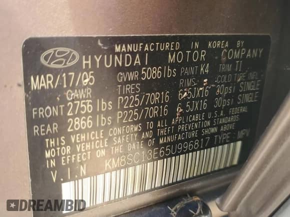 2005 Hyundai Santa Fe GLS с VIN KM8SC13E65U996817, выставлен на аукционе Copart как лот 73829854 с пробегом 51 637 миль миль и На запчасти • Non repairable. История ставок и продаж доступна на DreamBid. Изображение 14.