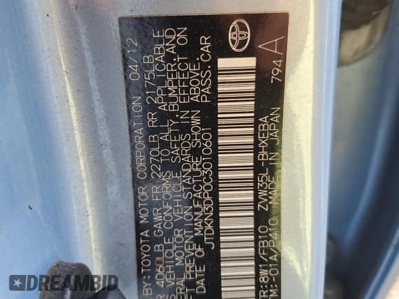 2012 Toyota Prius с VIN JTDKN3DP0C3010601, выставлен на аукционе Copart как лот 81266105 с пробегом Не указан миль и На запчасти • Non repairable. История ставок и продаж доступна на DreamBid. Изображение 13.