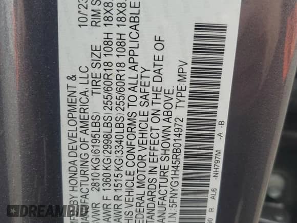 2024 Honda Pilot EX-L с VIN 5FNYG1H45RB014972, выставлен на аукционе Copart как лот 53377415 с пробегом 14 675 миль миль и Списание • Salvage title. История ставок и продаж доступна на DreamBid. Изображение 13.