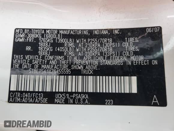 2007 Toyota Tundra SR5 z VIN 5TBET541X7S455595, wystawiony jako Copart lot #81287554 z przebiegiem 158 447 mil mil oraz Szkoda całkowita • Salvage title. Historia ofert i sprzedaży dostępna na DreamBid. Obrazek 13.