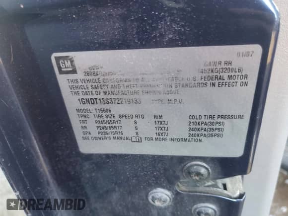 2007 Chevrolet TrailBlazer LT with VIN 1GNDT13S372219133, listed as a Copart auction lot 45311255 with 131,282 mi miles and Salvage title. Bid and sale history available at DreamBid. Image 13.