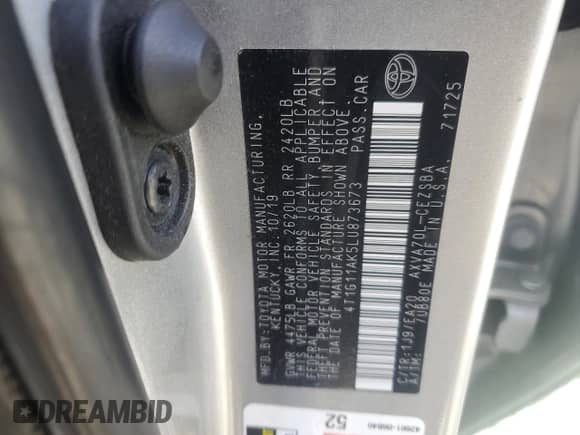 2020 Toyota Camry SE with VIN 4T1G11AK5LU873673, listed as a Copart auction lot 82445535 with 86,477 mi miles and Salvage title. Bid and sale history available at DreamBid. Image 12.