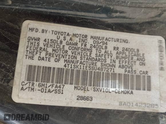 1995 Toyota Camry DX z VIN 4T1SK11E5SU487271, wystawiony jako IAAI lot #42949922 z przebiegiem 288 591 mil mil oraz . Historia ofert i sprzedaży dostępna na DreamBid. Obrazek 9.