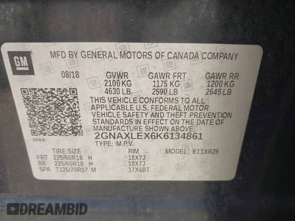 2019 Chevrolet Equinox LT with VIN 2GNAXLEX6K6134861, listed as a IAAI auction lot 43227356 with 152,156 mi miles and . Bid and sale history available at DreamBid. Image 9.