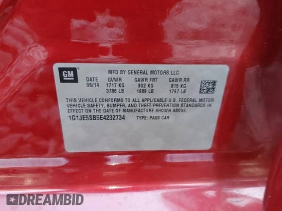 2014 Chevrolet Sonic LTZ с VIN 1G1JE5SB5E4232734, выставлен на аукционе Copart как лот 61574285 с пробегом Не указан миль и Списание • Salvage title. История ставок и продаж доступна на DreamBid. Изображение 12.