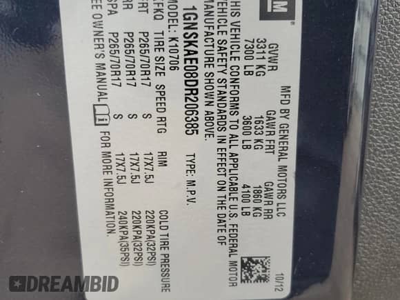2013 Chevrolet Tahoe LS with VIN 1GNSKAE08DR206385, listed as a Copart auction lot 81461785 with 150,808 mi miles and Salvage title. Bid and sale history available at DreamBid. Image 13.