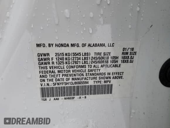 2018 Honda Pilot LX с VIN 5FNYF5H13JB005594, выставлен на аукционе Copart как лот 87054304 с пробегом Не указан миль и Списание • Salvage title. История ставок и продаж доступна на DreamBid. Изображение 13.