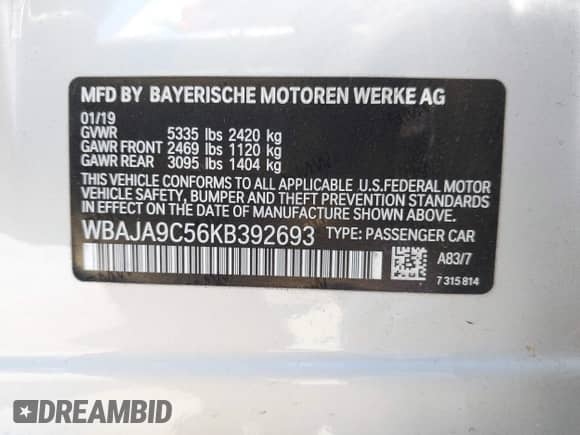 2019 BMW 5 Series 530e с VIN WBAJA9C56KB392693, выставлен на аукционе IAAI как лот 42757442 с пробегом 35 679 миль миль и . История ставок и продаж доступна на DreamBid. Изображение 9.