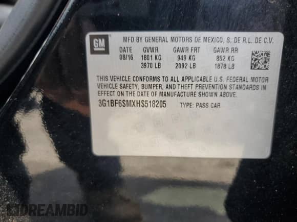 2017 Chevrolet Cruze Premier с VIN 3G1BF6SMXHS518205, выставлен на аукционе Copart как лот 68323495 с пробегом Не указан миль и Списание • Salvage title. История ставок и продаж доступна на DreamBid. Изображение 12.