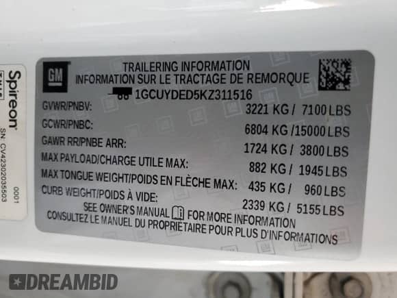 2019 Chevrolet Silverado 1500 LT с VIN 1GCUYDED5KZ311516, выставлен на аукционе Copart как лот 84902455 с пробегом 112 638 миль миль и Списание • Salvage title. История ставок и продаж доступна на DreamBid. Изображение 12.