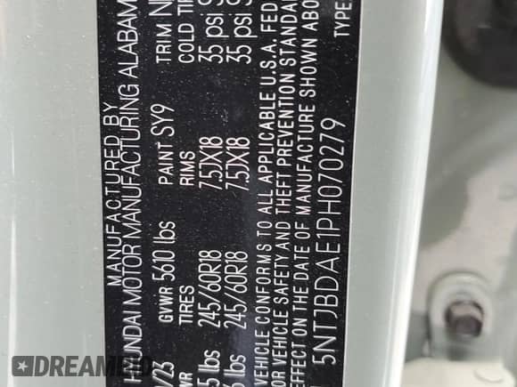 2023 Hyundai Santa Cruz SEL с VIN 5NTJBDAE1PH070279, выставлен на аукционе Copart как лот 57502984 с пробегом 8 751 миль миль и Списание • Salvage title. История ставок и продаж доступна на DreamBid. Изображение 13.