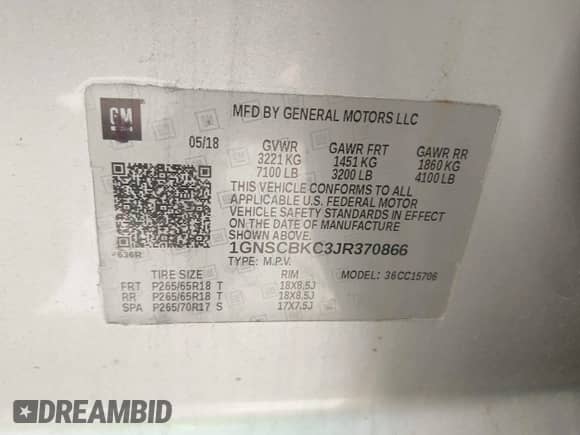 2018 Chevrolet Tahoe LT z VIN 1GNSCBKC3JR370866, wystawiony jako IAAI lot #42673752 z przebiegiem 112 890 mil mil oraz . Historia ofert i sprzedaży dostępna na DreamBid. Obrazek 9.