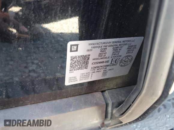 2021 Chevrolet Tahoe Z71 с VIN 1GNSKPKDXMR130937, выставлен на аукционе Copart как лот 71021095 с пробегом 84 131 миль миль и Списание • Salvage title. История ставок и продаж доступна на DreamBid. Изображение 13.