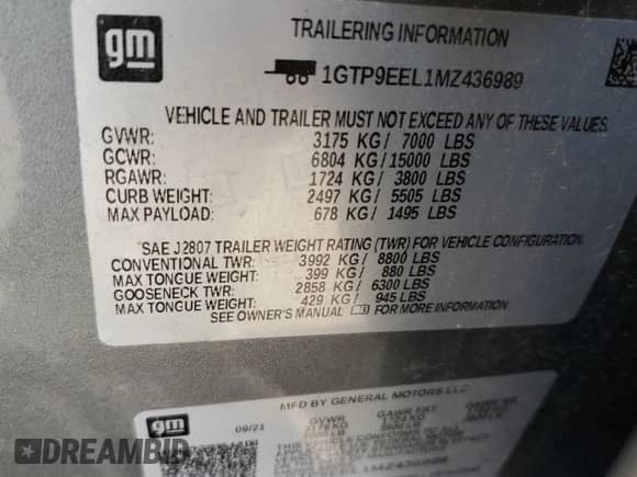2021 GMC Sierra 1500 AT4 z VIN 1GTP9EEL1MZ436989, wystawiony jako Copart lot #70157595 z przebiegiem 57 601 mil mil oraz Szkoda całkowita • Salvage title. Historia ofert i sprzedaży dostępna na DreamBid. Obrazek 12.