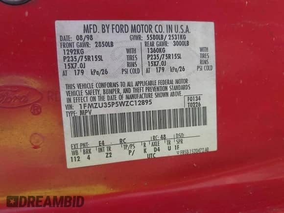 1998 Ford Explorer XLT с VIN 1FMZU35P5WZC12895, выставлен на аукционе IAAI как лот 42796305 с пробегом 159 110 миль миль и . История ставок и продаж доступна на DreamBid. Изображение 9.