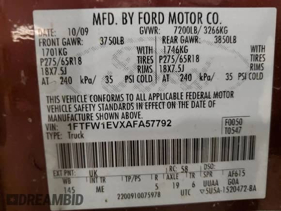 2010 Ford F-150 XL with VIN 1FTFW1EVXAFA57792, listed as a Copart auction lot 80113155 with 126,727 mi miles and Salvage title. Bid and sale history available at DreamBid. Image 12.