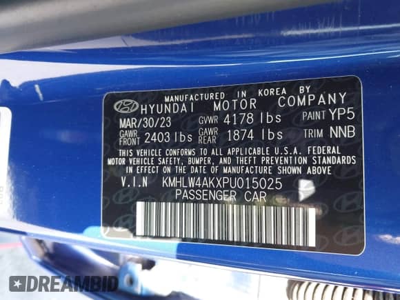 2023 Hyundai Elantra z VIN KMHLW4AKXPU015025, wystawiony jako IAAI lot #42515354 z przebiegiem 21 788 mil mil oraz . Historia ofert i sprzedaży dostępna na DreamBid. Obrazek 9.