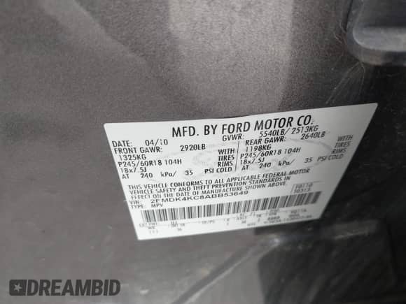 2010 Ford Edge Limited z VIN 2FMDK4KC8ABB53649, wystawiony jako IAAI lot #43330532 z przebiegiem 158 261 mil mil oraz . Historia ofert i sprzedaży dostępna na DreamBid. Obrazek 9.