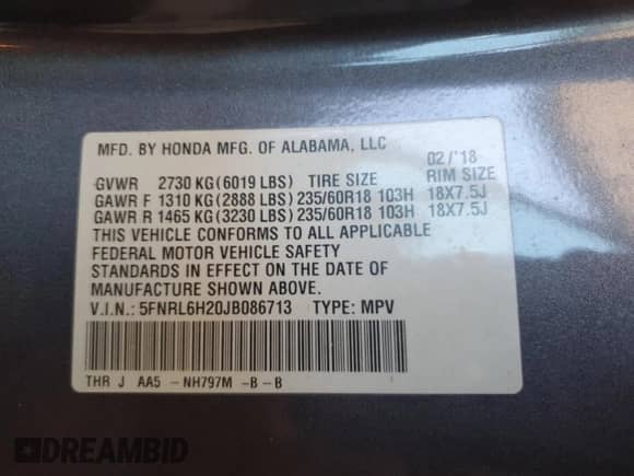 2018 Honda Odyssey LX with VIN 5FNRL6H20JB086713, listed as a Copart auction lot 68504455 with 92,823 mi miles and Salvage title. Bid and sale history available at DreamBid. Image 13.