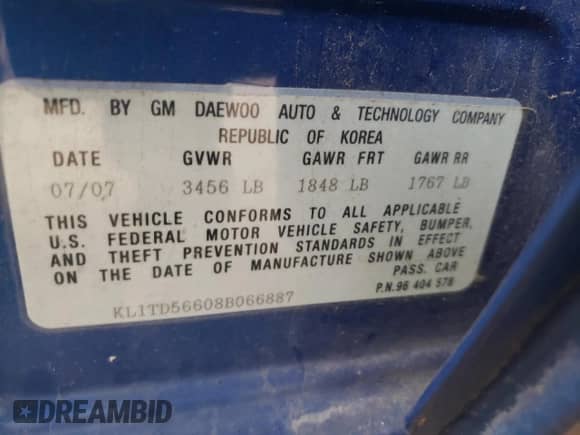 2008 Chevrolet Aveo LS z VIN KL1TD56608B066887, wystawiony jako Copart lot #78537924 z przebiegiem 96 168 mil mil oraz Szkoda całkowita • Salvage title. Historia ofert i sprzedaży dostępna na DreamBid. Obrazek 13.