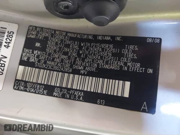 2009 Toyota Sienna CE с VIN 5TDZK23C39S242858, выставлен на аукционе IAAI как лот 43370463 с пробегом 191 572 миль миль и . История ставок и продаж доступна на DreamBid. Изображение 9.