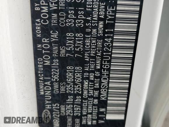 2015 Hyundai Santa Fe GLS z VIN KM8SMDHF6FU123411, wystawiony jako Copart lot #69151715 z przebiegiem 149 671 mil mil oraz Szkoda całkowita • Salvage title. Historia ofert i sprzedaży dostępna na DreamBid. Obrazek 12.