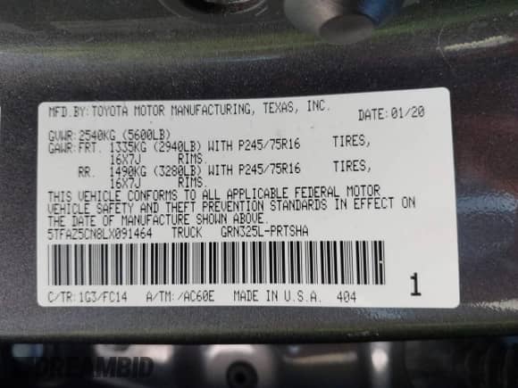 2020 Toyota Tacoma SR5 с VIN 5TFAZ5CN8LX091464, выставлен на аукционе IAAI как лот 43183342 с пробегом 59 398 миль миль и . История ставок и продаж доступна на DreamBid. Изображение 9.