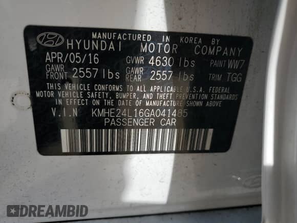 2016 Hyundai Sonata SE с VIN KMHE24L16GA041485, выставлен на аукционе Copart как лот 85714375 с пробегом 111 287 миль миль и Списание • Salvage title. История ставок и продаж доступна на DreamBid. Изображение 13.