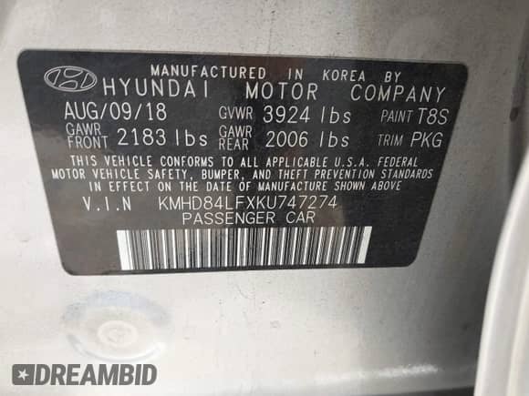 2019 Hyundai Elantra Value Edition with VIN KMHD84LFXKU747274, listed as a IAAI auction lot 42598373 with 137,825 mi miles and . Bid and sale history available at DreamBid. Image 9.