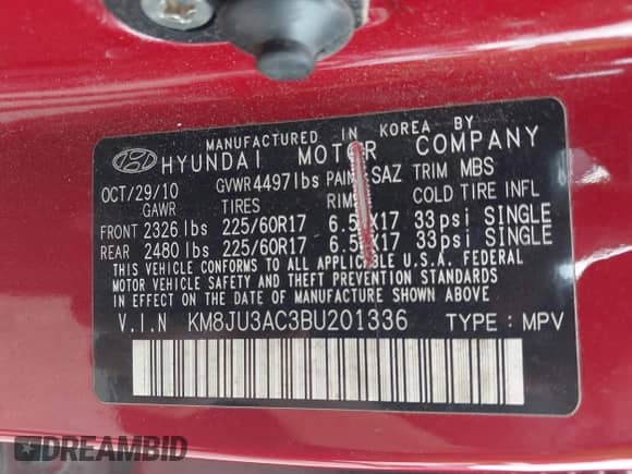 2011 Hyundai Tucson Limited с VIN KM8JU3AC3BU201336, выставлен на аукционе IAAI как лот 42688787 с пробегом 126 939 миль миль и . История ставок и продаж доступна на DreamBid. Изображение 9.