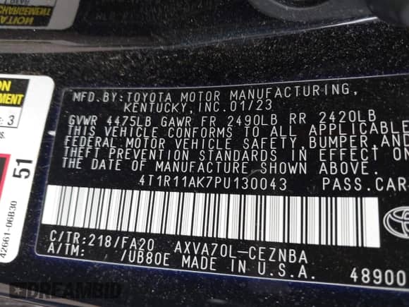 2023 Toyota Camry LE z VIN 4T1R11AK7PU130043, wystawiony jako IAAI lot #43289865 z przebiegiem 24 472 mil mil oraz . Historia ofert i sprzedaży dostępna na DreamBid. Obrazek 9.