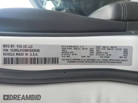 2021 Dodge Durango Pursuit с VIN 1C4RDJFG9MC643540, выставлен на аукционе Copart как лот 55463715 с пробегом 51 251 миль миль и Списание • Salvage title. История ставок и продаж доступна на DreamBid. Изображение 12.