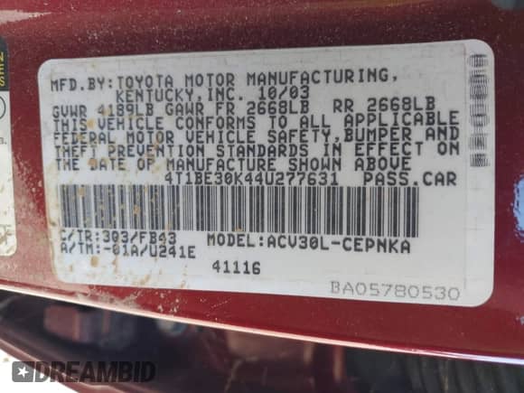 2004 Toyota Camry LE с VIN 4T1BE30K44U277631, выставлен на аукционе IAAI как лот 43489374 с пробегом 184 494 миль миль и . История ставок и продаж доступна на DreamBid. Изображение 9.