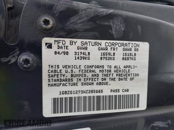 1998 Saturn SC z VIN 1G8ZG1273WZ285665, wystawiony jako IAAI lot #41633922 z przebiegiem Nie podano mil oraz . Historia ofert i sprzedaży dostępna na DreamBid. Obrazek 9.