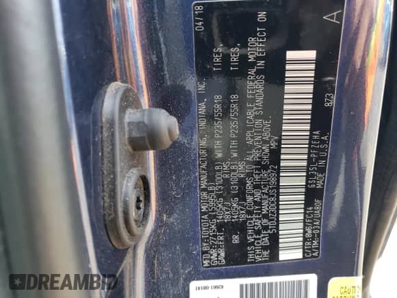 2018 Toyota Sienna LE z VIN 5TDJZ3DC8JS198972, wystawiony jako Copart lot #48786135 z przebiegiem 125 781 mil mil oraz Szkoda całkowita • Salvage title. Historia ofert i sprzedaży dostępna na DreamBid. Obrazek 15.