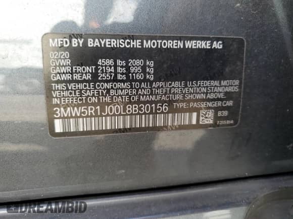 2020 BMW 3 Series 330i with VIN 3MW5R1J00L8B30156, listed as a Copart auction lot 85883085 with 62,024 mi miles and Non repairable. Bid and sale history available at DreamBid. Image 12.