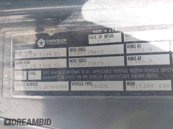 1988 Dodge Dakota with VIN 1B7GN14X0JS704704, listed as a IAAI auction lot 42213218 with 164,291 mi miles and . Bid and sale history available at DreamBid. Image 9.