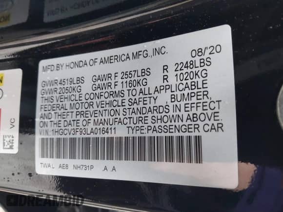 2020 Honda Accord Touring with VIN 1HGCV3F93LA016411, listed as a IAAI auction lot 42355462 with 99,137 mi miles and . Bid and sale history available at DreamBid. Image 9.