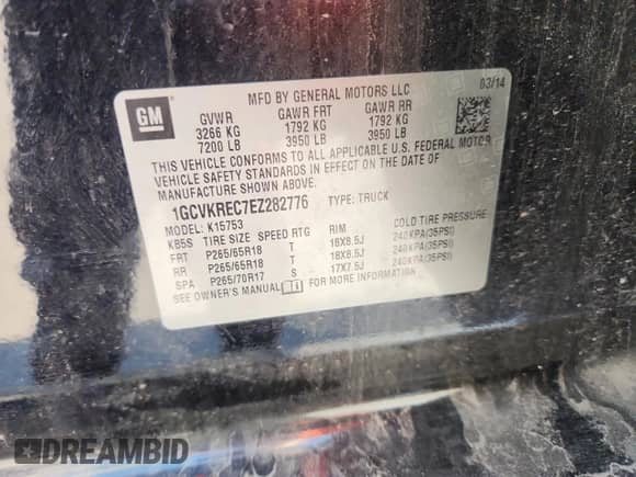 2014 Chevrolet Silverado 1500 LT с VIN 1GCVKREC7EZ282776, выставлен на аукционе Copart как лот 71019475 с пробегом 100 916 миль миль и Списание • Salvage title. История ставок и продаж доступна на DreamBid. Изображение 12.