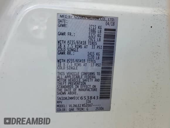 2018 Nissan Pathfinder SV with VIN 5N1DR2MM9JC653843, listed as a Copart auction lot 84193015 with 135,520 mi miles and Clean title. Bid and sale history available at DreamBid. Image 13.