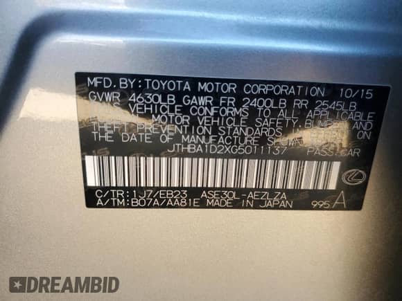 2016 Lexus IS 200t с VIN JTHBA1D2XG5011137, выставлен на аукционе Copart как лот 85151975 с пробегом 67 193 миль миль и Списание • Salvage title. История ставок и продаж доступна на DreamBid. Изображение 12.