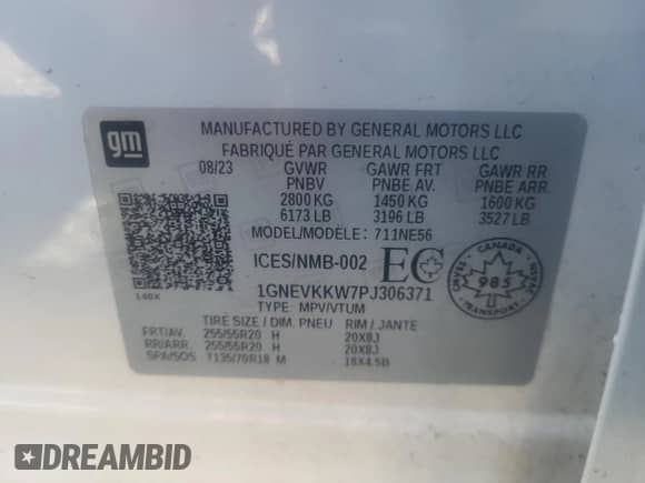 2023 Chevrolet Traverse Premier с VIN 1GNEVKKW7PJ306371, выставлен на аукционе Copart как лот 84537855 с пробегом Не указан миль и Списание • Salvage title. История ставок и продаж доступна на DreamBid. Изображение 13.