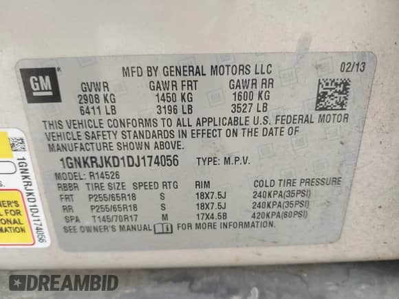 2013 Chevrolet Traverse LT с VIN 1GNKRJKD1DJ174056, выставлен на аукционе IAAI как лот 42695130 с пробегом 170 010 миль миль и . История ставок и продаж доступна на DreamBid. Изображение 9.