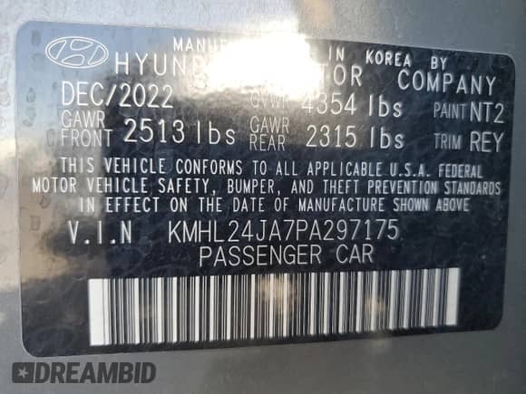 2023 Hyundai Sonata SE с VIN KMHL24JA7PA297175, выставлен на аукционе Copart как лот 60738975 с пробегом 93 152 миль миль и Списание • Salvage title. История ставок и продаж доступна на DreamBid. Изображение 13.